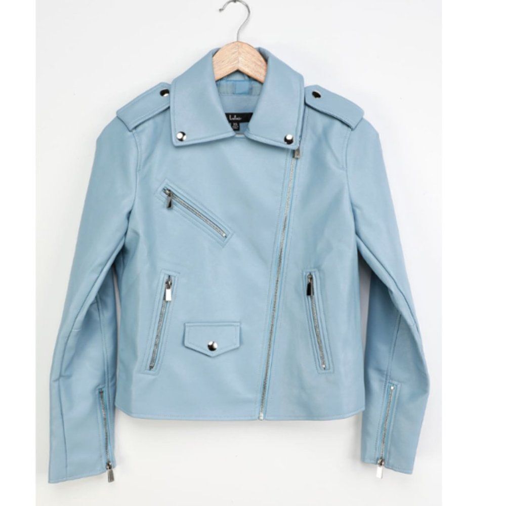 LULU'S cropped biker jacket Out for the Night Blue Vegan Leather Moto Jacket NWT - Picture 7 of 8
